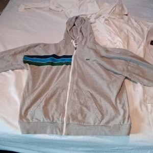 Lacoste Light Gray Hooded Zip Sweatshirt with Blue & Green Stripes